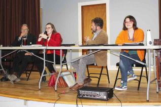 The Frontenac News candidates debate at Oso Hall in Sharbot Lake Monday night. From left: Stephen Kotze (Green Party), Kayley Kennedy (Liberal Party), Scott Reid (Conservative Party), Satinka Schilling (NDP). Matthew Barton (People’s Party of Canada) was a no-show